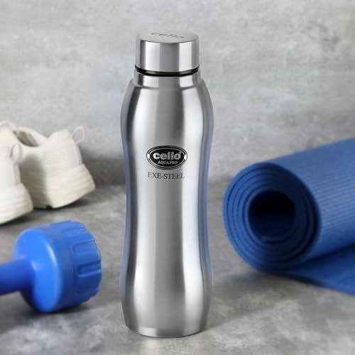 CELLO Aqua Pro Stainless Steel Water Bottle For Office & Daily Use 1000 ml, Silver | Single Wall Freezer & Fridge Safe, Lightweight Leakproof Rustproof Steel Water Bottle For School College Gym Travel
