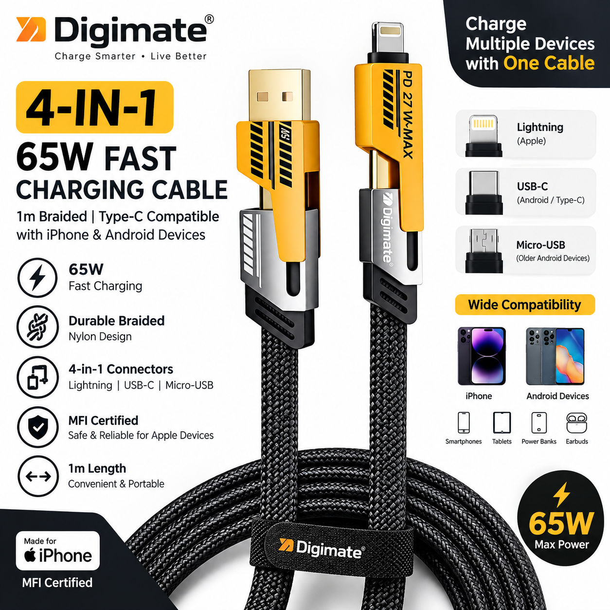 4-in-1 65W Fast Charging Cable 1m Braided Type-C Compatible with iPhone & Android Devices (Black)