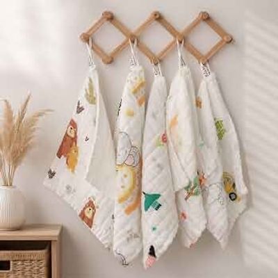 OXAURA Baby Muslin Wash Cloth Pack of 5, 6 Layer 100% Cotton Muslin Baby Wash Cloth 25 x 25 cm, Ultra Soft Newborn Face Towel