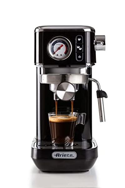 Ariete 1381/12 Coffee machine with pressure gauge, compatible with ground coffee and ESE pods, 1300 W, 1.1 L capacity, 15 bar pressure, ½ cup filter, Cappuccino device, Black