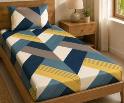 LOOMLYFE 300 TC Cotton Feel Glace Elastic Fitted Printed Single Bed Bedsheet with 1 Pillow Cover Fits Upto 6 Inches Mattress,Size- 42X75X8 Inches, Bluearrow
