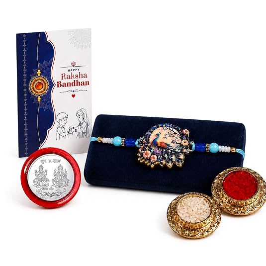 Designer Rakhi Gift Set | Beautiful Rakhi, Silver Coin & Puja Essentials