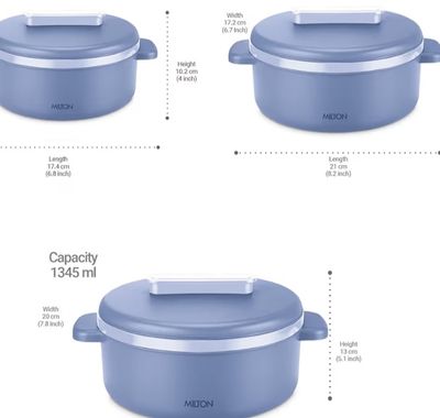 (696) MILTON Micronova Jr. Gift Set Inner Stainless Steel Casserole, Set of 3 (380 ml, 775 ml, 1345 ml), Light Blue, BPA Free, Food Grade, Hot and Cold, Microwaverable Steel, Dishwasher Safe, Chapati, Roti