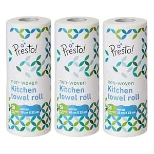 Amazon Brand - Presto! Non-Woven Reusable Kitchen Towel Roll | 50 Pulls | 150 Sheets (Pack of 3) | Size: 20 x 22 cm