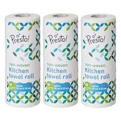 Amazon Brand - Presto! Non-Woven Reusable Kitchen Towel Roll | 50 Pulls | 150 Sheets (Pack of 3) | Size: 20 x 22 cm