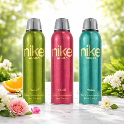 Nike Women Deodorant Spray Combo (Amber + Rose + Musk) - 200ml Each | Pack of 3 Long Lasting Body Spray | Odour Control & Freshness | Deo for Women
