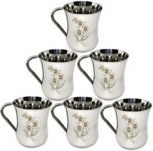 LEROYAL Pack of 6 Stainless Steel Tea/Coffee Cup /Glass with Handle | Designer