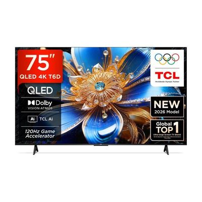 TCL T6D 189.31 cm (75 inch) QLED Ultra HD (4K) Smart Google TV 2026 Edition with HDR10+ Dolby Vision- Atmos 34W 120 Hz Game Accelerator (DLG) TCL AI Slim & Uni body Design (75T6D)