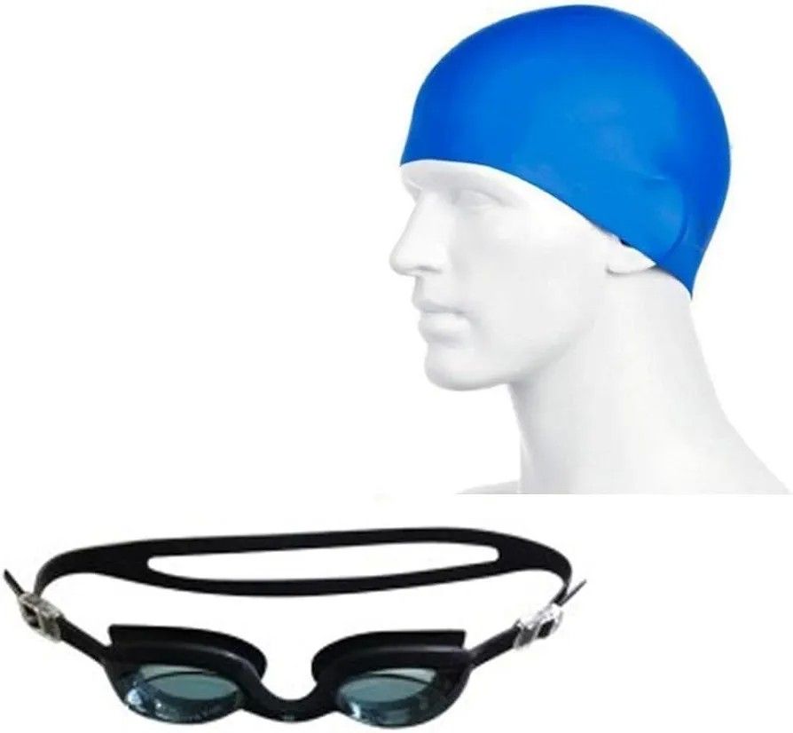 Swimming set combo with goggles, cap, nose & ear plugs (Black Blue)