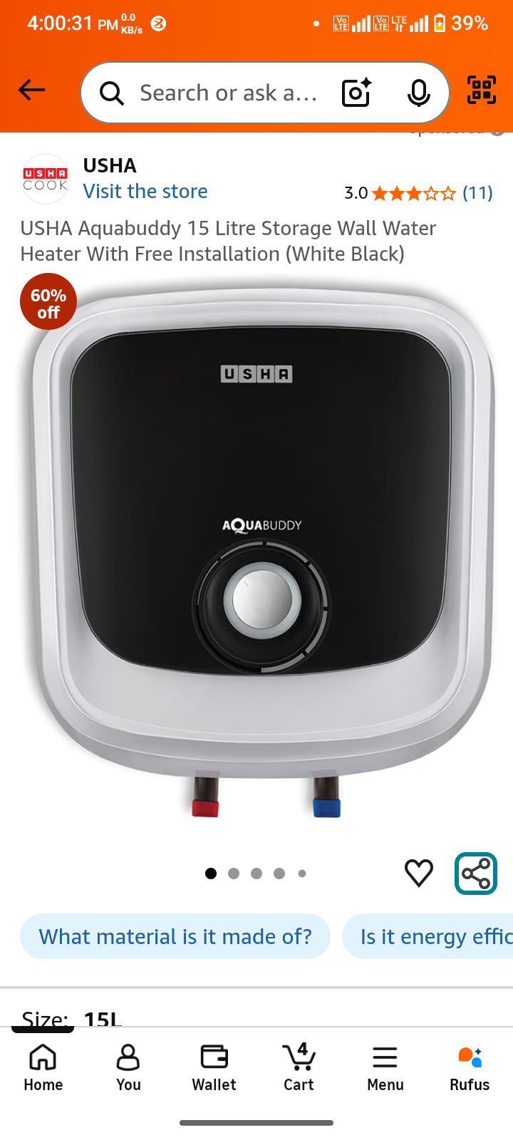 USHA Aquabuddy 15 Litre Storage Wall Water Heater With Free Installation (White Black)