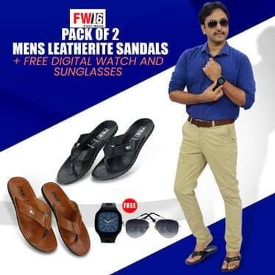 Etalors Traders Men's Leatherite Sandal Combo Pack (Set of 2 + Free Watch & Sunglasses)