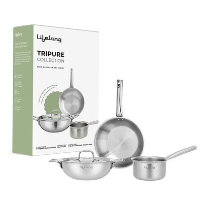 Lifelong Triply 4-piece cookware set |Kadai, Frypan & Saucepan for Cooking |Stainless Steel 22 cm Kadai & Fry Pan22 cm with Stainless Steel Lid | 14 cm Sauce Pan |Induction Bottom & Gas Stove Cookware