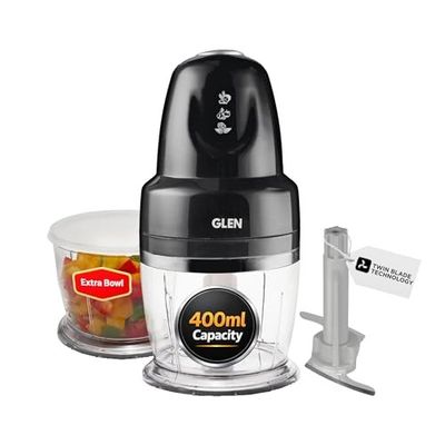 Glen Electric Chopper for Kitchen, 400ml Bowl, 250W Mini Fruit & Vegetable Cutter with Rust-Resistant Stainless Steel Blades, Extra Bowl, Whisker Disc, Chops Onion & Nuts - Black (SA4043PLUSBLK)