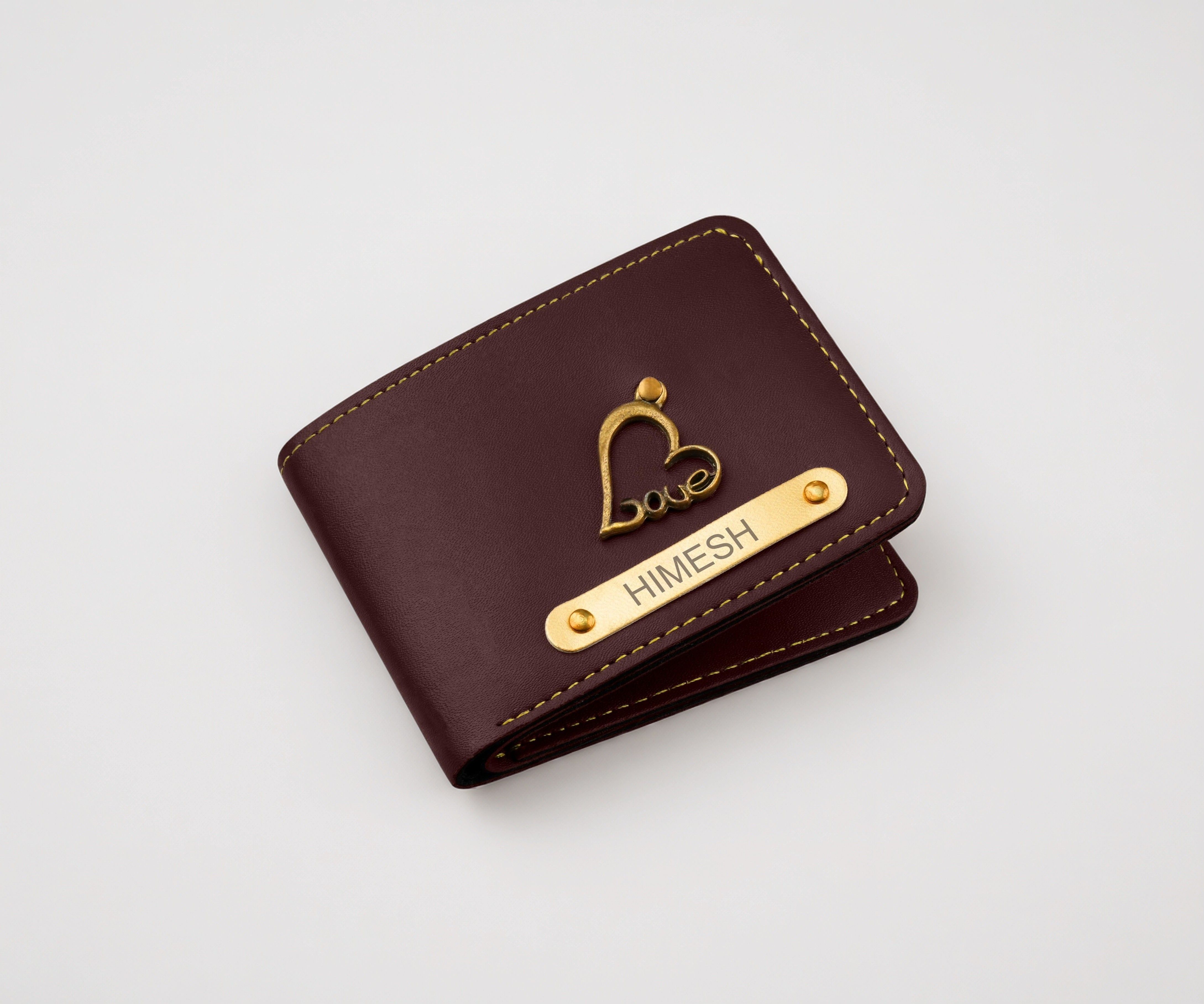 Personalized Men's Brown Bifold Leather Wallet - Customized Name Tag & Metallic Charm