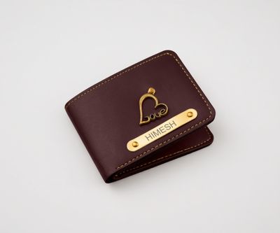 Personalized Men's Brown Bifold Leather Wallet - Customized Name Tag & Metallic Charm