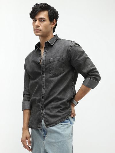 Buy Urbano Fashion Men's Grey Regular Fit Full Sleeve Washed Denim Shirt - Shirts for Men 36164393 | Myntra