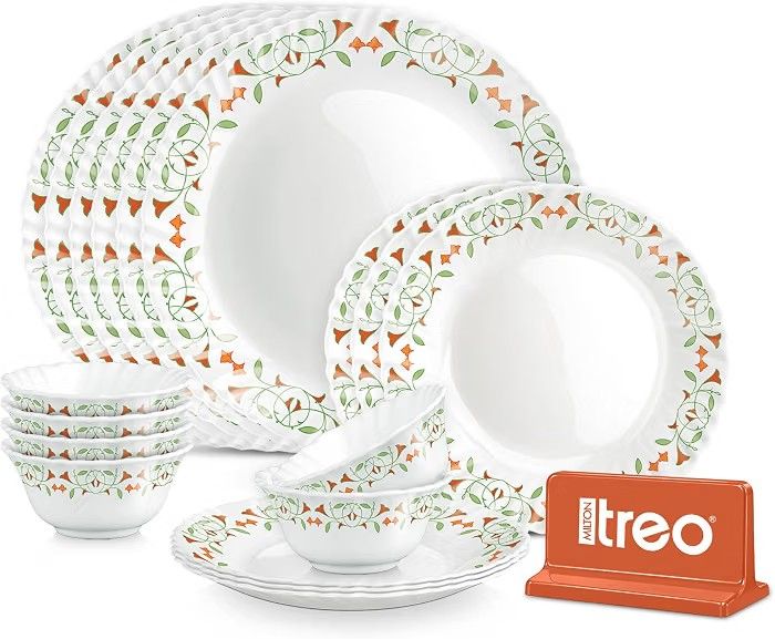 Treo by Milton Opalware Aurelia Meena Dinner Set of 18 | Serving for 6 | Microwave & Dishwasher Safe