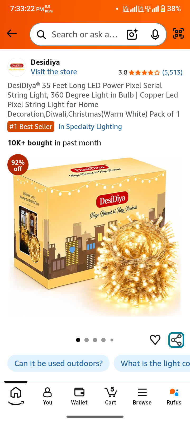 DesiDiya® 35 Feet Long LED Power Pixel Serial String Light, 360 Degree Light in Bulb | Copper Led Pixel String Light for Home Decoration,Diwali,Christmas(Warm White) Pack of 1