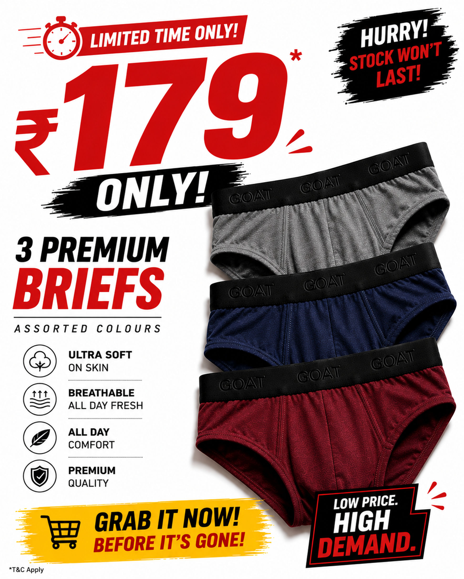 GOAT Premium Men's BRIEFS - Assorted Pack of 3