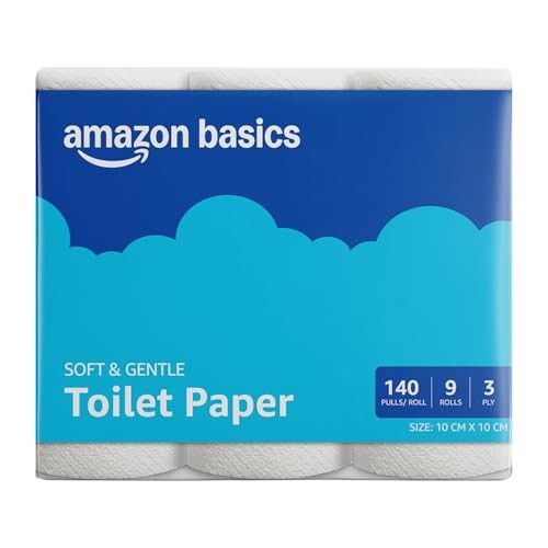 Amazon brand- Amazon Basics 3 ply Toilet tissue Paper Roll 1260 pulls | 140 pulls x 9 Rolls| Soft & Gentle| Chemical-Free