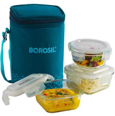 BOROSIL Teal Bag, 3 Pc (320 ml x 2 + 240ml x 1 ), Office Tiifin 3 Containers Glass Office Lunch Box