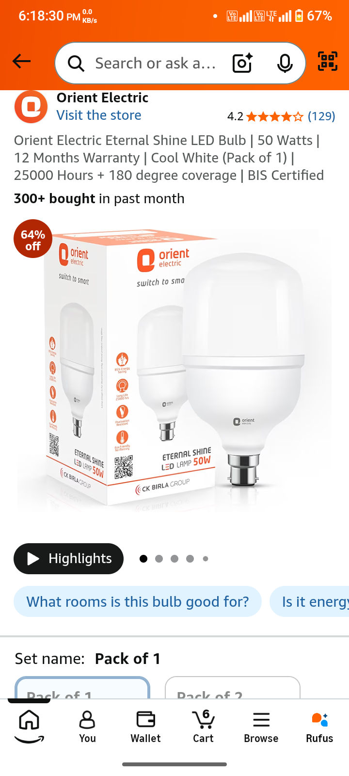 Orient Electric Eternal Shine LED Bulb | 50 Watts | 12 Months Warranty | Cool White (Pack of 1) | 25000 Hours + 180 degree coverage | BIS Certified
