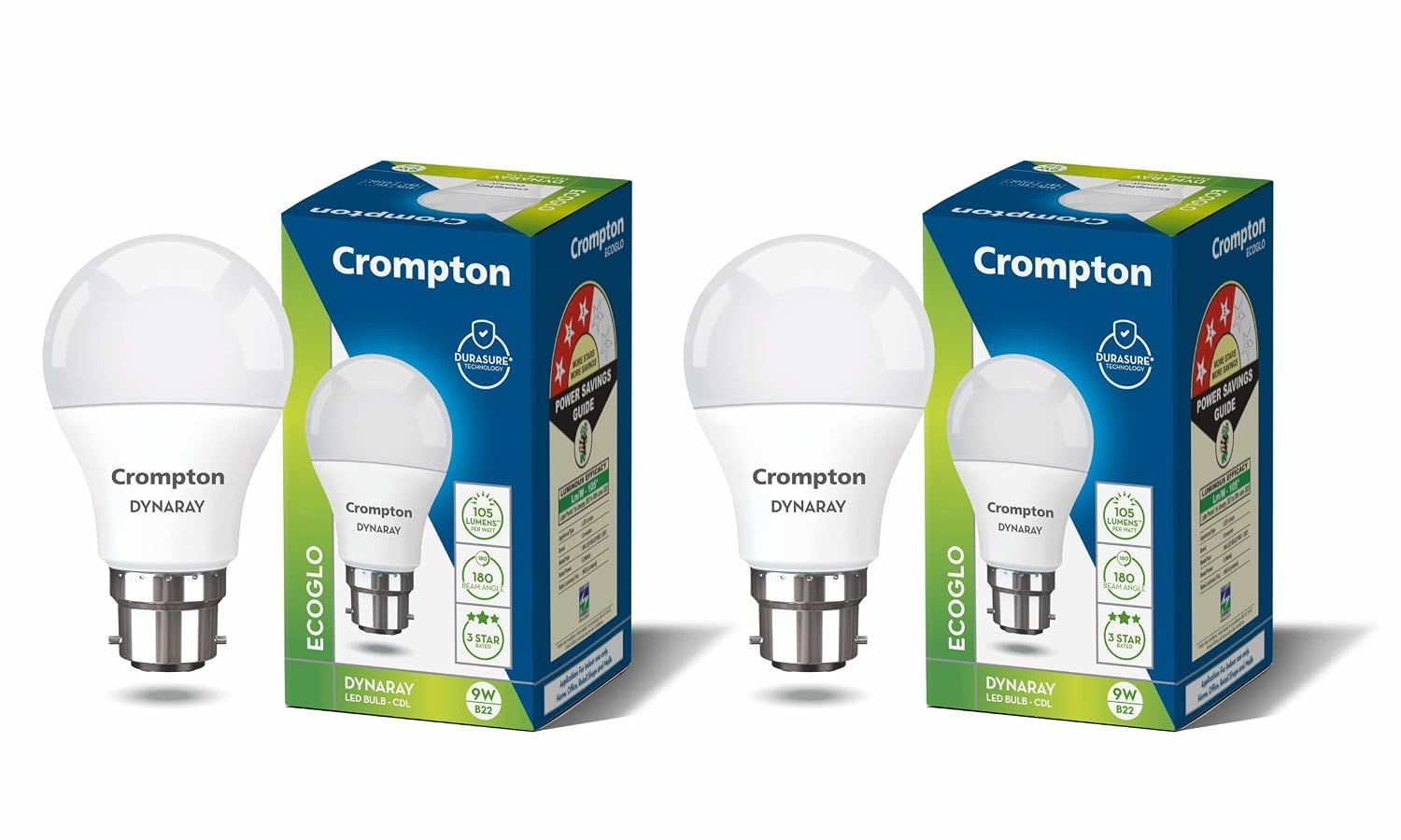 Crompton Dyna Ray 9 Watt LED Bulb Cool Day Light | Pack of 2 | B22 Base, Energy-Efficient