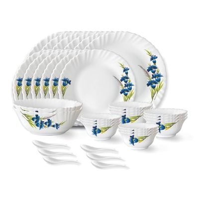 Larah by Borosil Nina Fluted Series Opalware Dinner Set | 33 Pieces for Family of 6 | White