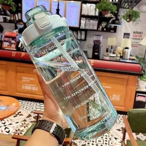 2 L Capacity Belt Straw Transparent Motivational Water Bottles| Leakproof Durable Non-Toxic Sipper | |Best Usage for School/College/office/Travel Bottle | BPA-Free Fitness Sports Bottle (GREEN)