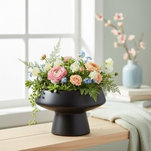 Xtore® Sculptural Matte Ceramic Bonsai Planter for Indoor & Tabletop Décor | Contemporary Low-Profile Pot for Succulents, Zen Gardens & Minimal Spaces (Black, Planter only)