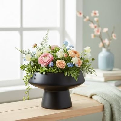 Xtore® Sculptural Matte Ceramic Bonsai Planter for Indoor & Tabletop Décor | Contemporary Low-Profile Pot for Succulents, Zen Gardens & Minimal Spaces (Black, Planter only)