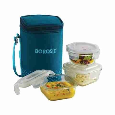BOROSIL Teal Bag, 3 Pc (320 ml x 2 + 240ml x 1 ), Office Tiifin 3 Containers Glass Office Lunch Box (880 ml)