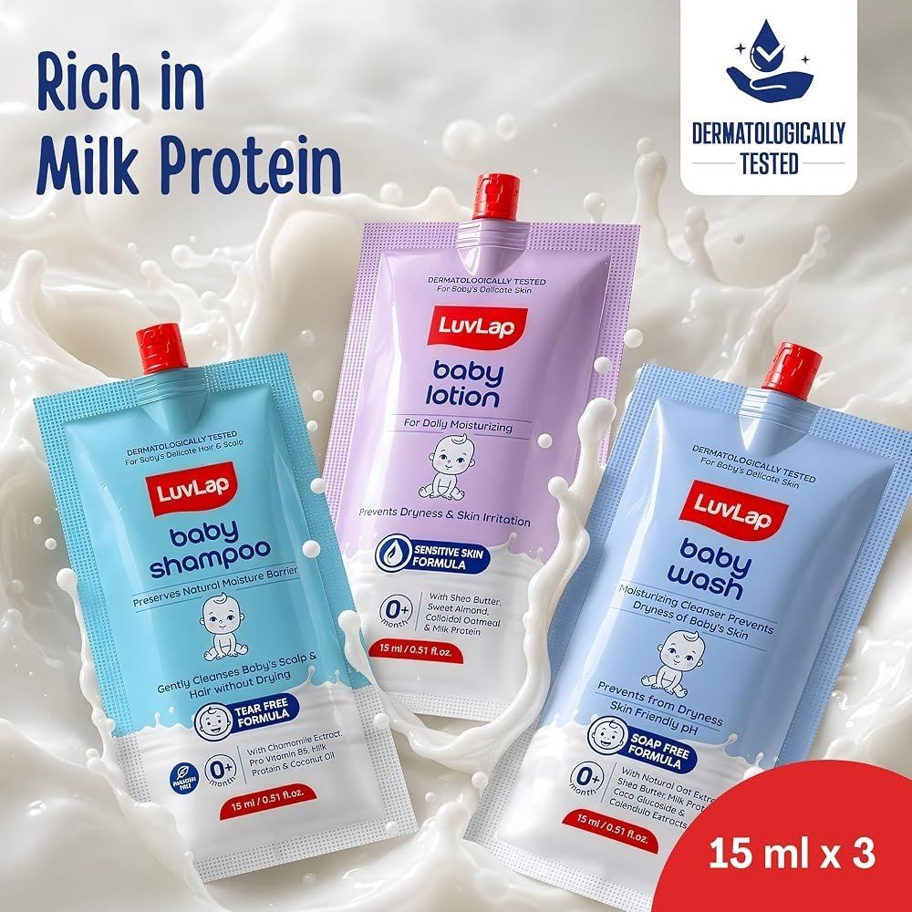 LuvLap Baby Wash, Baby Shampoo, Baby Lotion Combo 15ml each @9 & Everteen Skinthin Ultra Thin Sanitary Pad - XL XL, 2 Pcs@9