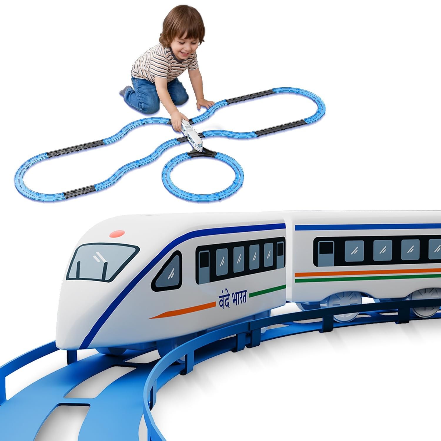 Vande Bharat Toy Train 43 Pcs Track Set for Kids, Electric Toy Train Set, 2 AAA Battery Toy Train, Lights & Sounds, Multi-Layout Train Track Toy Train Set for Kids 12 months to 8Yrs