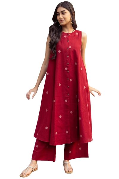 ANNI DESIGNER Women's Cotton Printed Maroon Hand-Print Kurta Set
