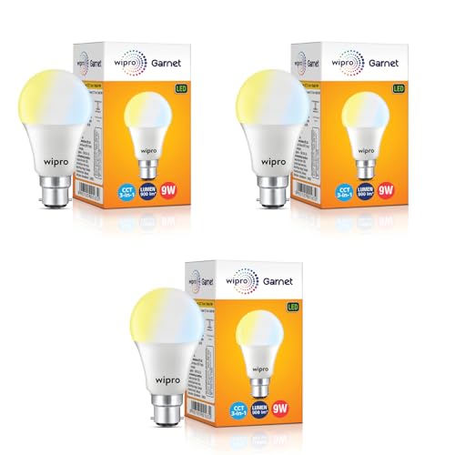 wipro Garnet 9W CCT 3-in-1 LED Bulb for Home & Office | Mood Lighting for ambiance | 240 Degree wide Coverage | 4 KV In-built Surge Protection, 420 V High Voltage Protection | Pack of 3