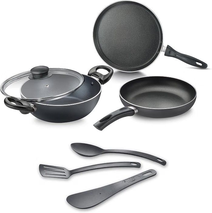 Judge by Prestige ACE Aluminium Non-Stick cookware BYK Set-Tawa 25cm-1U, Fry Pan 20cm-1U, Kadai 20cm-1U with Lid-1U + 3U Nylon Tools