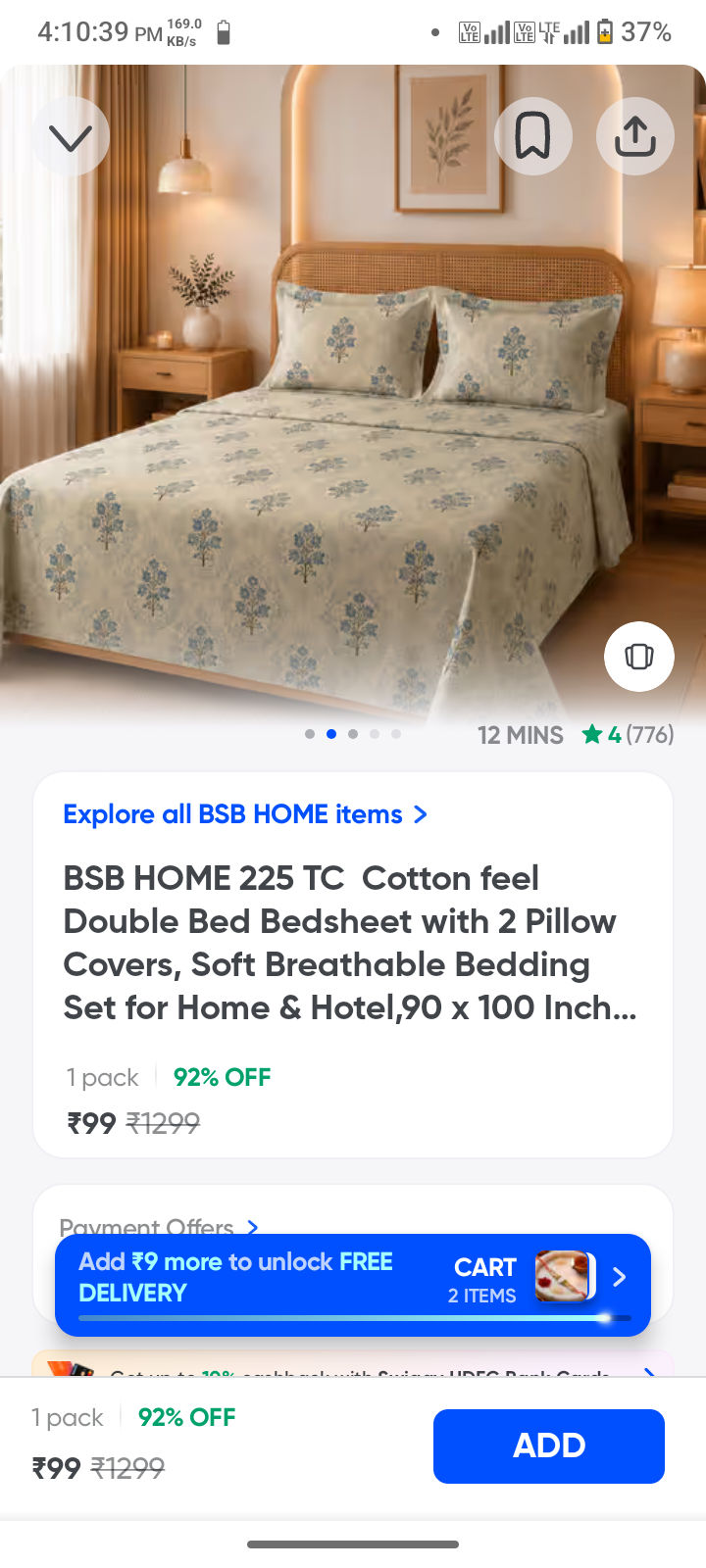Loot :- BSB HOME 225 TC Cotton feel Double Bed Bedsheet with 2 Pillow Covers, Soft Breathable Bedding Set for Home & Hotel,90 x 100 Inches (228 x 254 cm) Mist on Instamart: