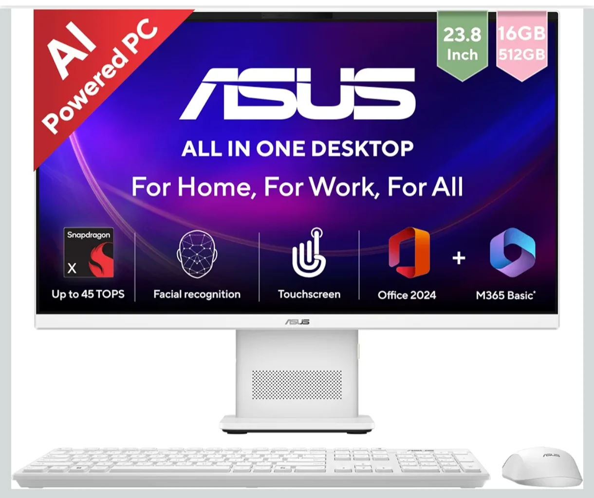 ASUS AiO VM441 (2026), Copilot+PC,Snapdragon X,16GB/512GB,FHD,Touch Screen,23.8"(60.45cm),Win 11,M365 Basic(1Y),Office 24,White,5.47 kg,VM441QA-TWAP001WS,Wireless Keyboard & Mouse,AI PC with 45 Tops