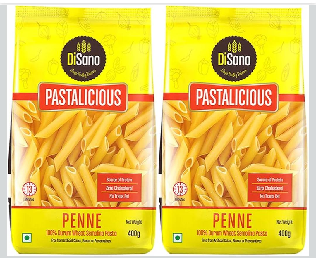 DiSano Penne Pasta 400 gm (Pack of 2), Healthy Pasta, Made with 100% Durum Wheat Semolina, 100% Suji, No Maida, Source of Protein & Fibre, Non-Sticky