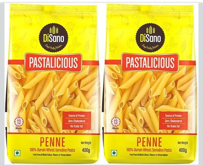 DiSano Penne Pasta 400 gm (Pack of 2), Healthy Pasta, Made with 100% Durum Wheat Semolina, 100% Suji, No Maida, Source of Protein & Fibre, Non-Sticky