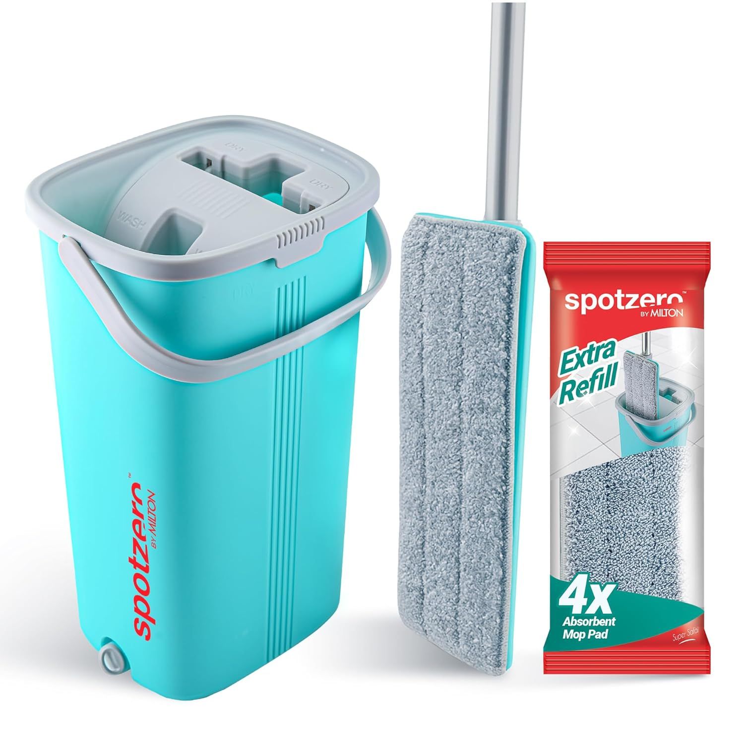 Spotzero By Milton 2-1 Flat Mop I Wash and Dry Chamber I Flexible Head I Premium 4X Absorbent Microfiber Refills I Floor Plus Wall Mop I Long Handle I Compact- Lightweight I 5 Litre