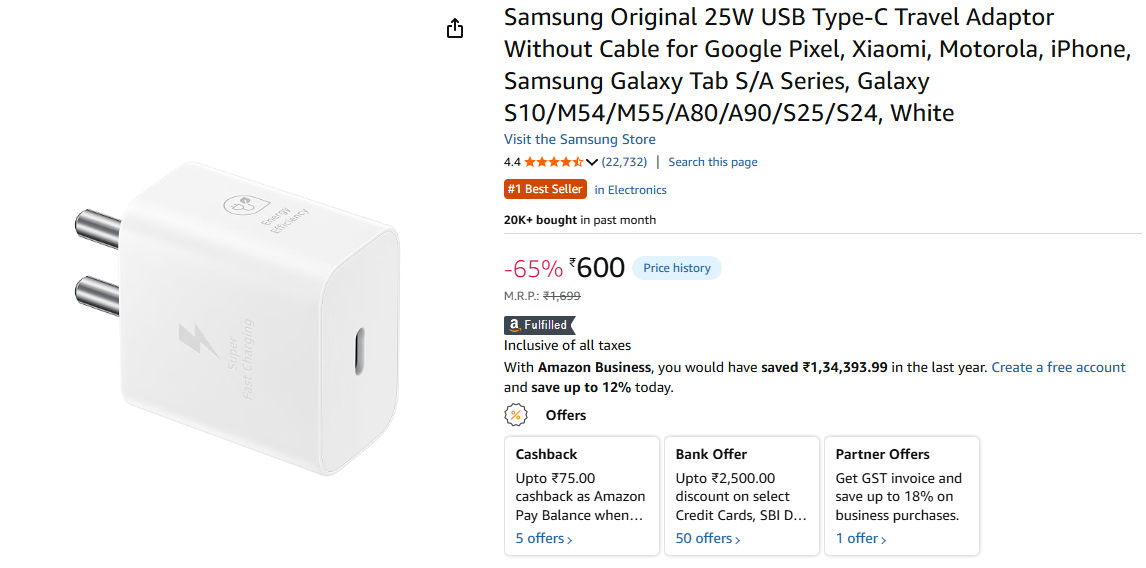 Samsung 25W Original Adapter @ 600/- only