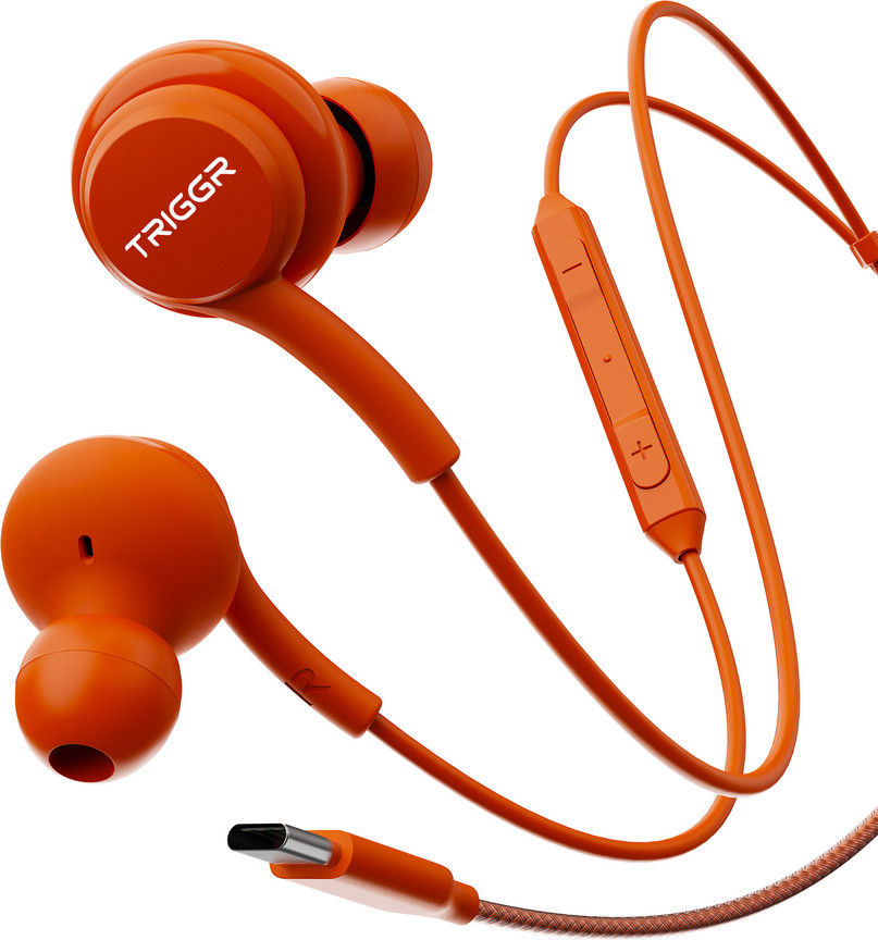 TRIGGR Drip Type-C Wired Earphones with 13mm Driver, In- line Controls, Rich Bass, Mic Wired Headset (Tangy Orange, In the Ear)