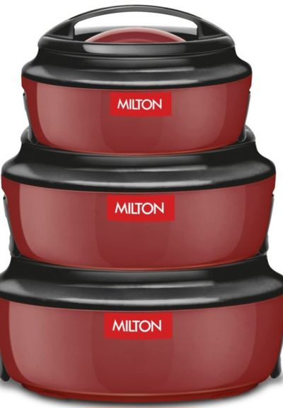 Milton Ernesto Inner Stainless Steel Jr. Casserole Set of 3 (390ml, 720 ml, 1320 ml), Red | Easy to Carry | Serving | Stackable