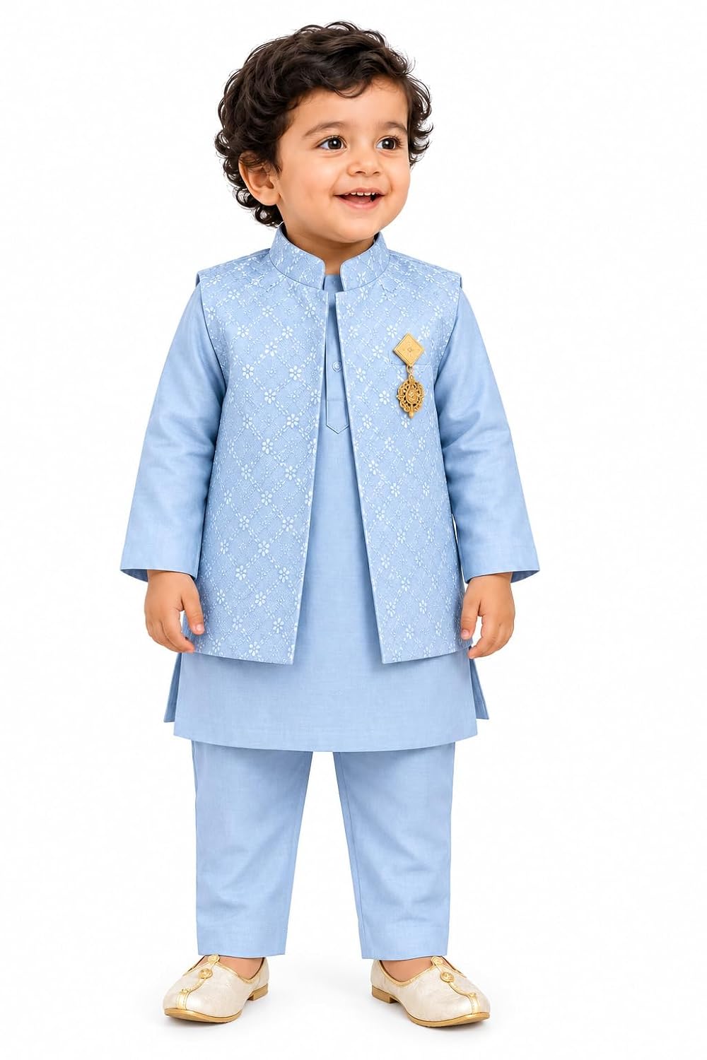 Boys Kurta Pajama Set with Embroidered Waistcoat & Brooch, 3 Piece Traditional Ethnic Wear Set for Kids, Indian Festive Outfit for Wedding, Party, Diwali & Eid