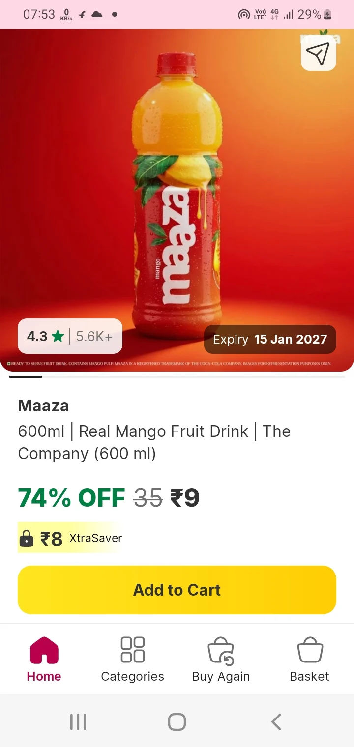 Maaza 600ml @ Rs 9