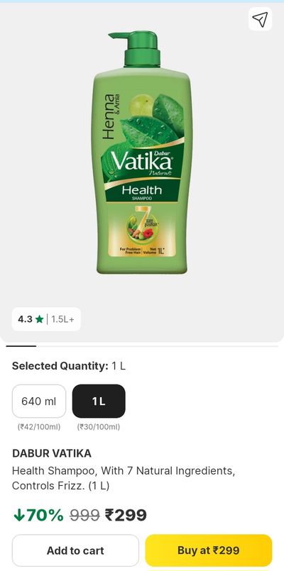 ​Dabur Vatika Health Shampoo (1 Litre) at ₹299 (MRP ₹999) | 70% OFF