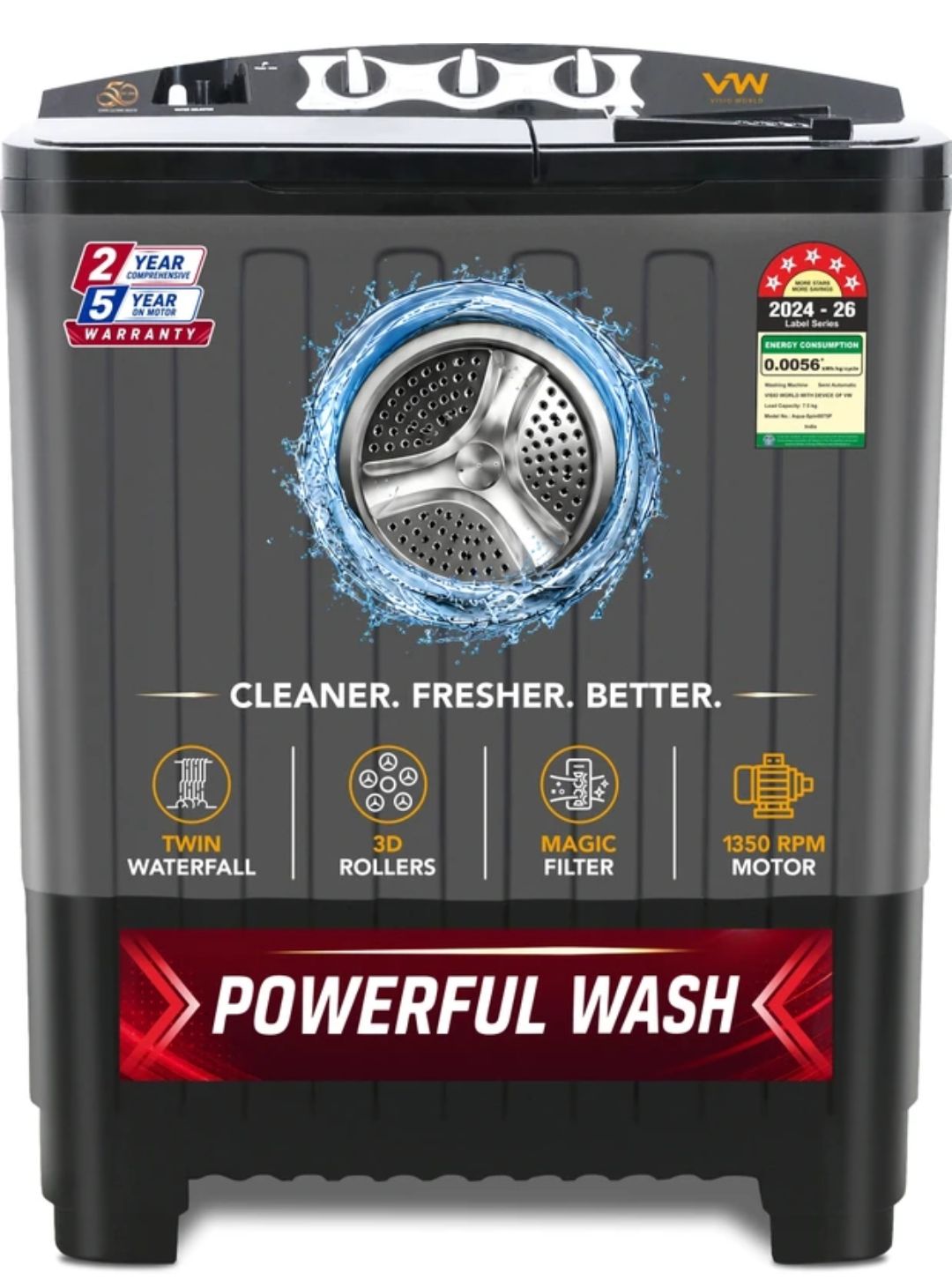 VW 7.5Kg Semi automatic Top load Black Washing Machine