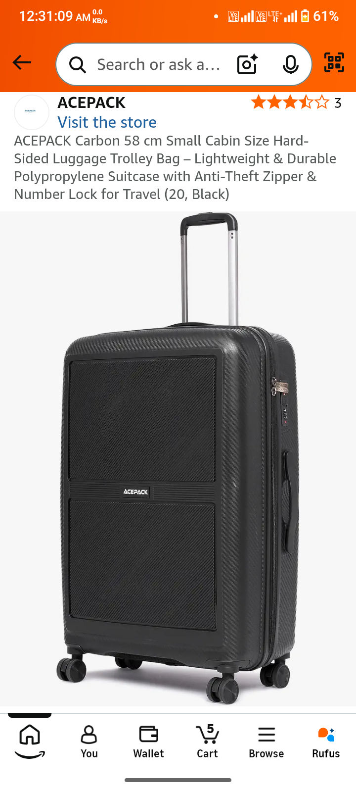 ACEPACK Carbon 58 cm Small Cabin Size Hard-Sided Luggage Trolley Bag - Lightweight & Durable Polypropylene Suitcase with Anti-Theft Zipper & Number Lock for Travel (20, Black)